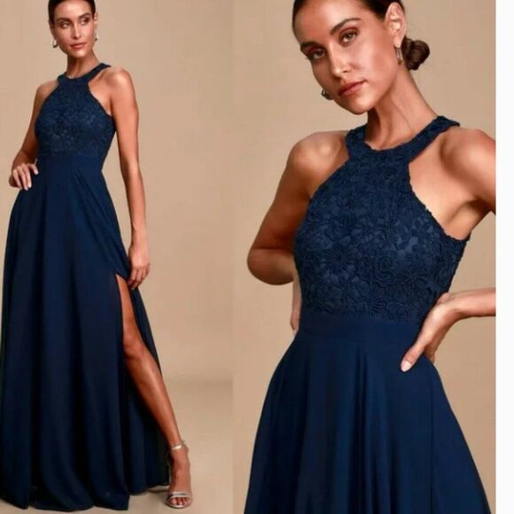 Lulus navy blue lace chest sleeveless formal maxi dress wedding party Sz XL NWOT - Picture 10 of 12